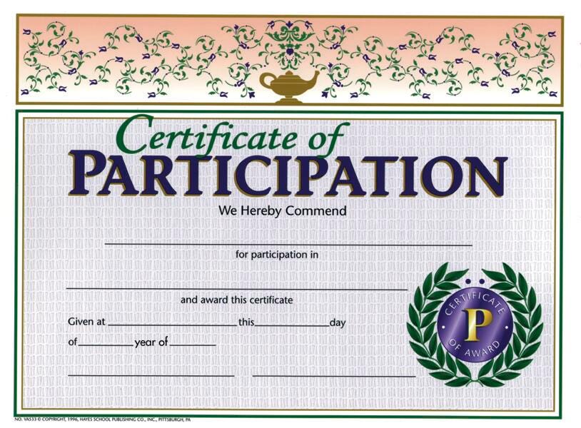 Hayes Participation Certificate, 11 x 8-1/2 inches, Paper